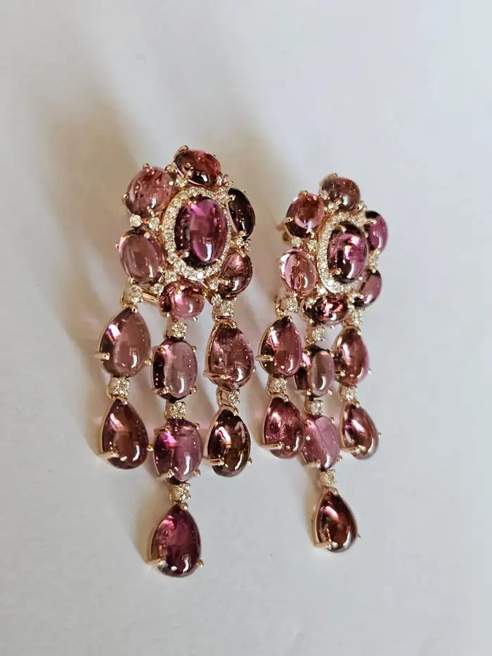 39.21 Ct. Cabochon Tourmaline Gemstone Dangle Earrings - 18k Rose Gold Diamond Wedding Earrings