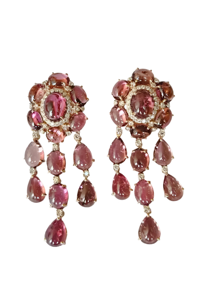 39.21 Ct. Cabochon Tourmaline Gemstone Dangle Earrings - 18k Rose Gold Diamond Wedding Earrings
