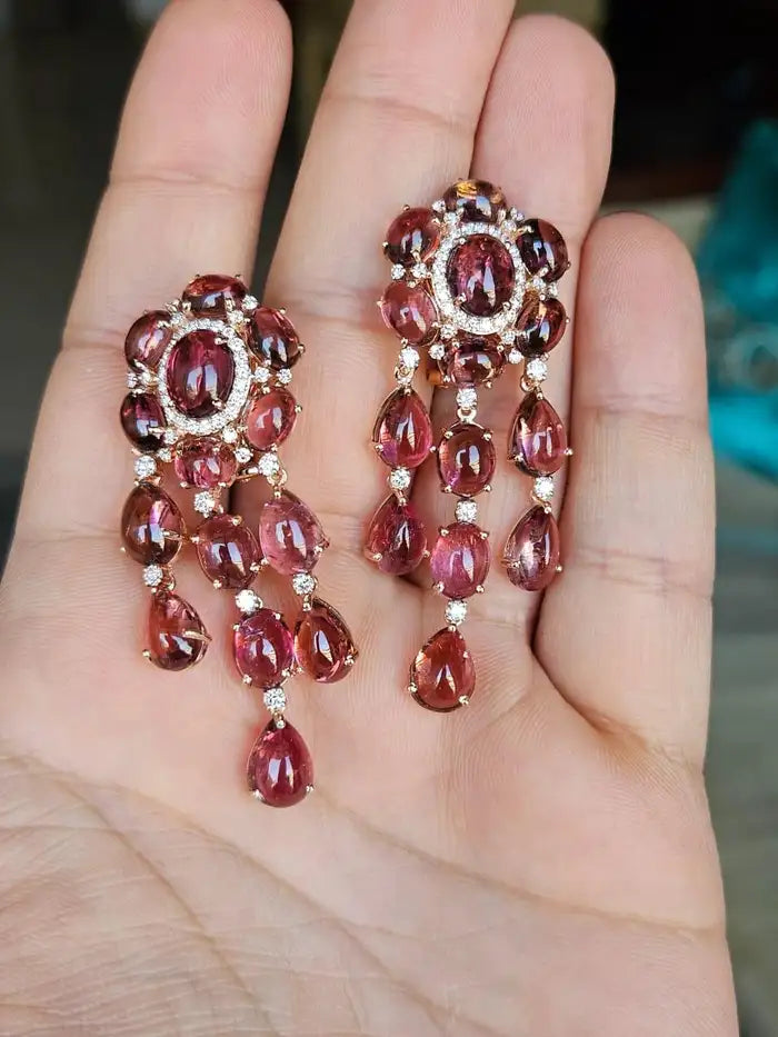 39.21 Ct. Cabochon Tourmaline Gemstone Dangle Earrings - 18k Rose Gold Diamond Wedding Earrings
