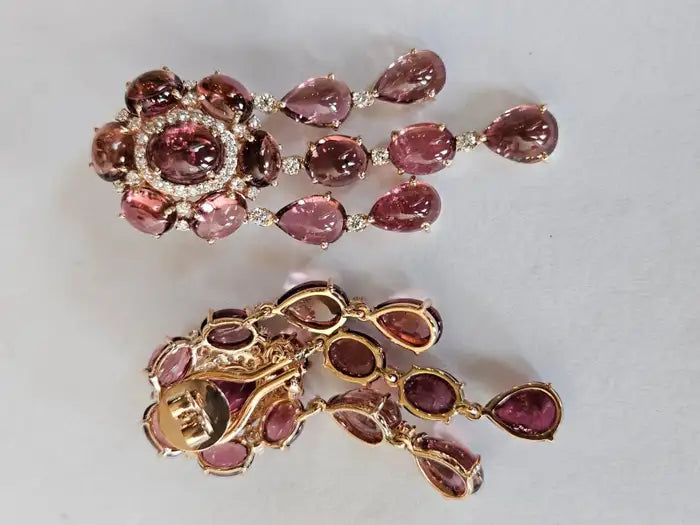 39.21 Ct. Cabochon Tourmaline Gemstone Dangle Earrings - 18k Rose Gold Diamond Wedding Earrings