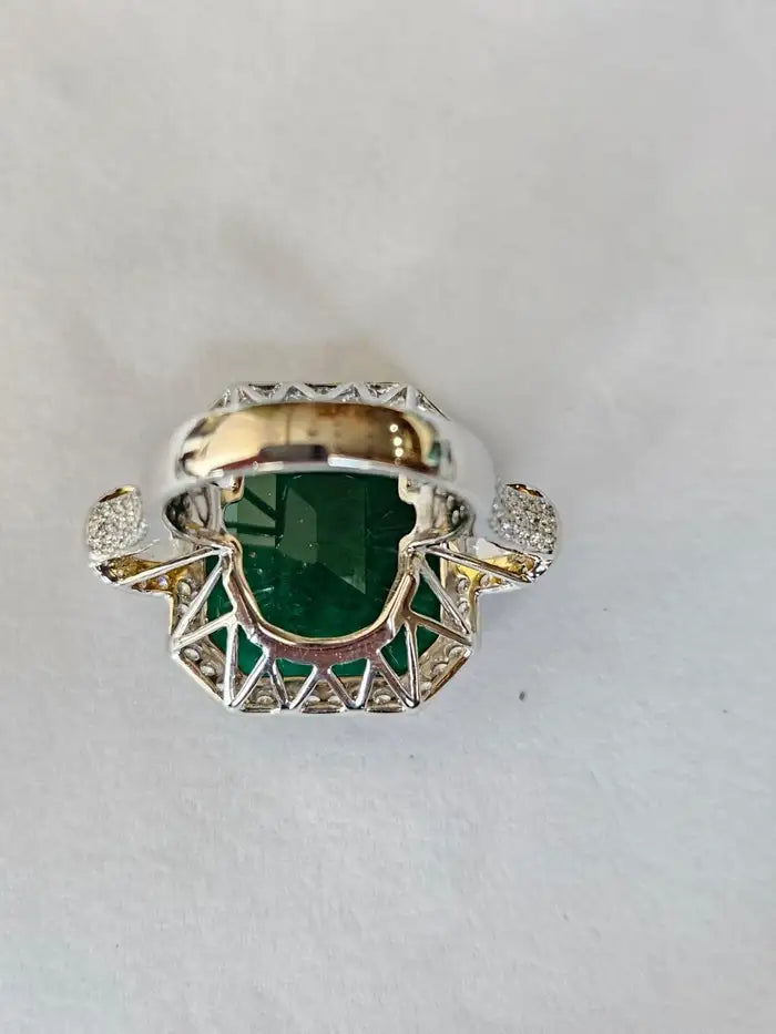 Natural 24.51 Ct. Zambian Emerald Engagement Ring - 18k White Gold Rose Cut Diamond Statement Ring
