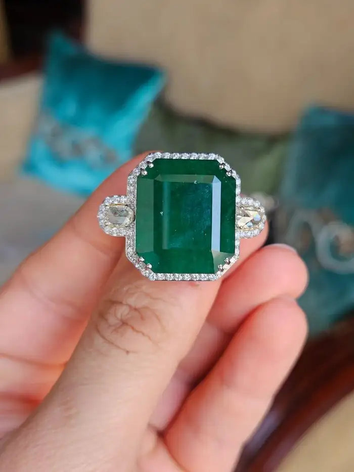 Natural 24.51 Ct. Zambian Emerald Engagement Ring - 18k White Gold Rose Cut Diamond Statement Ring