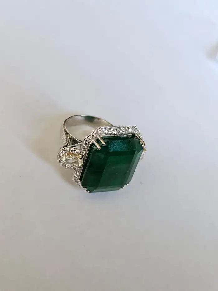 Natural 24.51 Ct. Zambian Emerald Engagement Ring - 18k White Gold Rose Cut Diamond Statement Ring