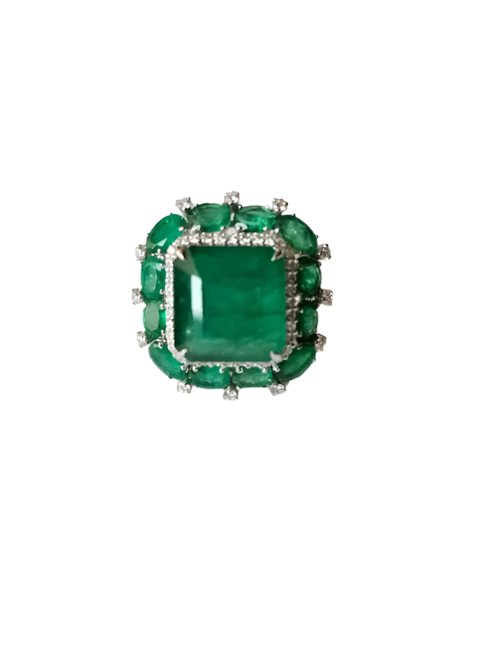 Natural Zambian Emerald & Diamond Wedding Anniversary Ring - 18k White Gold Handmade Women Ring