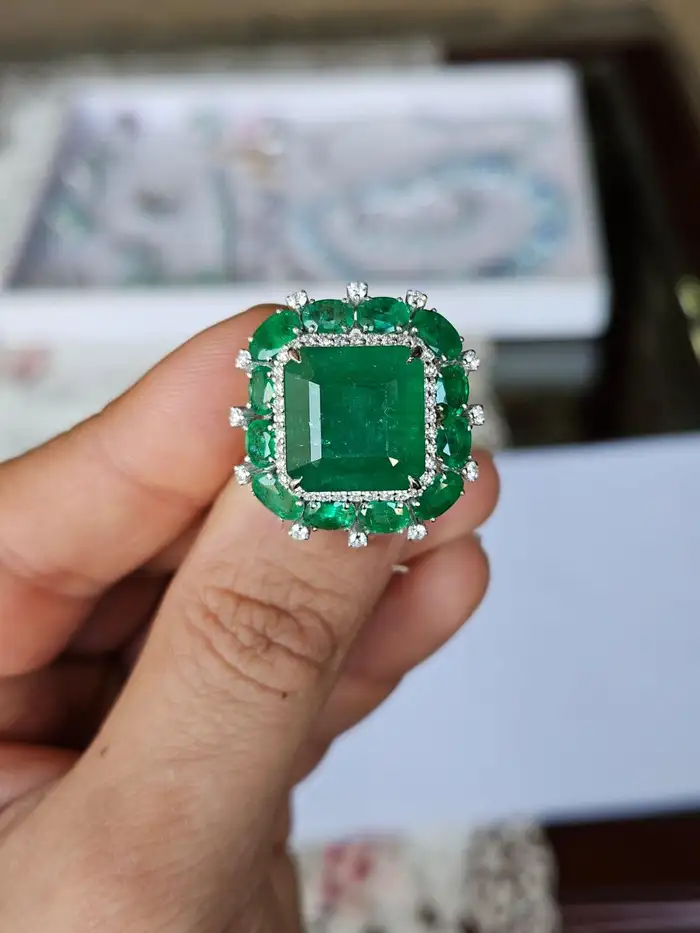 Natural Zambian Emerald & Diamond Wedding Anniversary Ring - 18k White Gold Handmade Women Ring