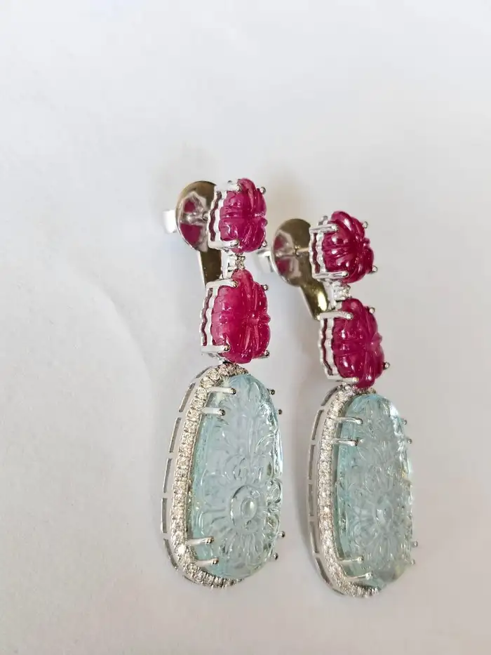 Natural Mozambique Ruby & Aquamarine Gemstone Dangle Earrings - 18k White Gold Diamond Earrings