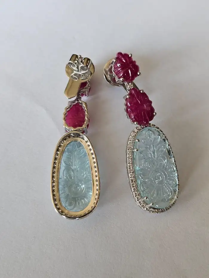 Natural Mozambique Ruby & Aquamarine Gemstone Dangle Earrings - 18k White Gold Diamond Earrings