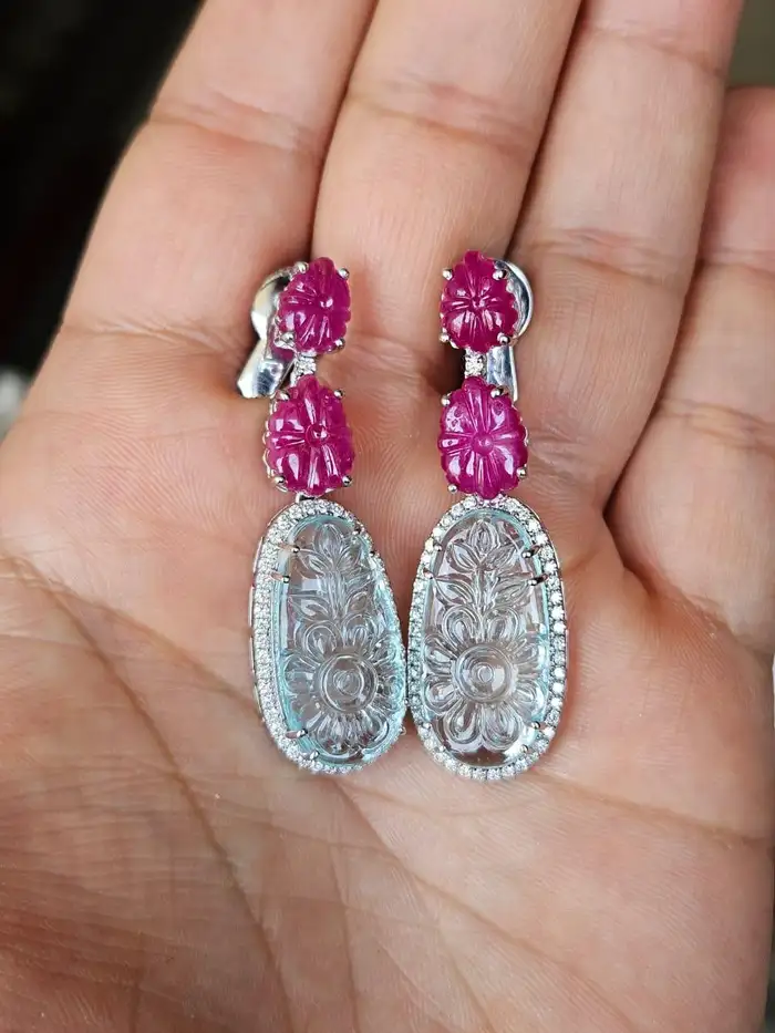 Natural Mozambique Ruby & Aquamarine Gemstone Dangle Earrings - 18k White Gold Diamond Earrings
