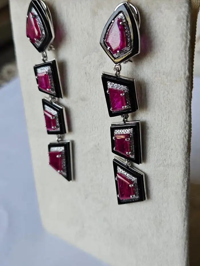 18k White Gold Diamond Dangle Women Earrings - Natural Mozambique Ruby & Black Onyx Statement Earrings