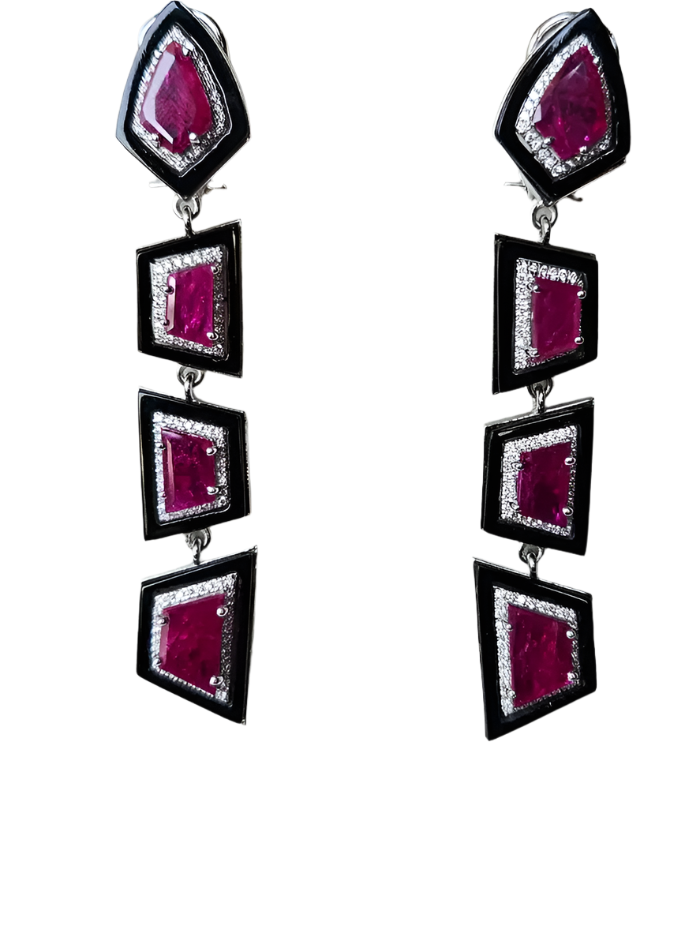 18k White Gold Diamond Dangle Women Earrings - Natural Mozambique Ruby & Black Onyx Statement Earrings