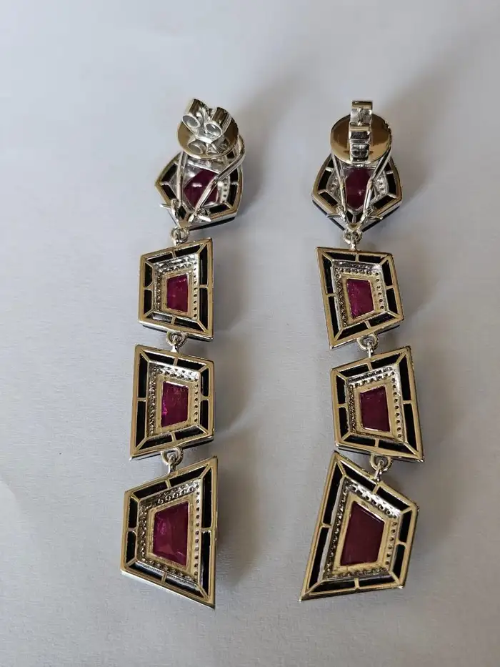 18k White Gold Diamond Dangle Women Earrings - Natural Mozambique Ruby & Black Onyx Statement Earrings