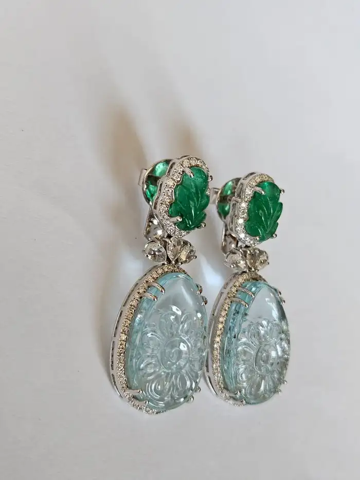 Natural Zambian Emerald & Aquamarine Gemstone Dangle Earrings - 18k White Gold Rose Cut Diamond Earrings