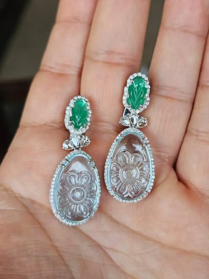 Natural Zambian Emerald & Aquamarine Gemstone Dangle Earrings - 18k White Gold Rose Cut Diamond Earrings