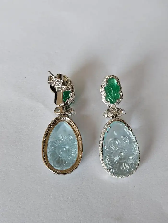 Natural Zambian Emerald & Aquamarine Gemstone Dangle Earrings - 18k White Gold Rose Cut Diamond Earrings