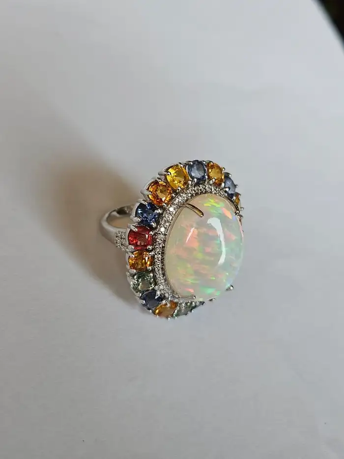 Natural Ethiopian Opal 18k White Gold Statement Ring - Ceylon Multi Sapphire & Diamond Wedding Ring