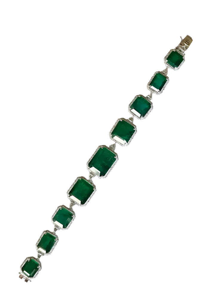 18k White Gold Handmade Modern Bracelet - Natural Zambian Emerald & Diamond Bracelet