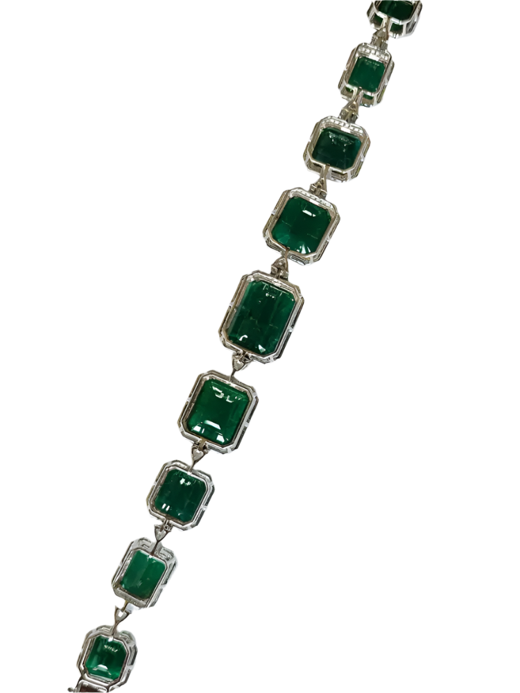18k White Gold Handmade Modern Bracelet - Natural Zambian Emerald & Diamond Bracelet
