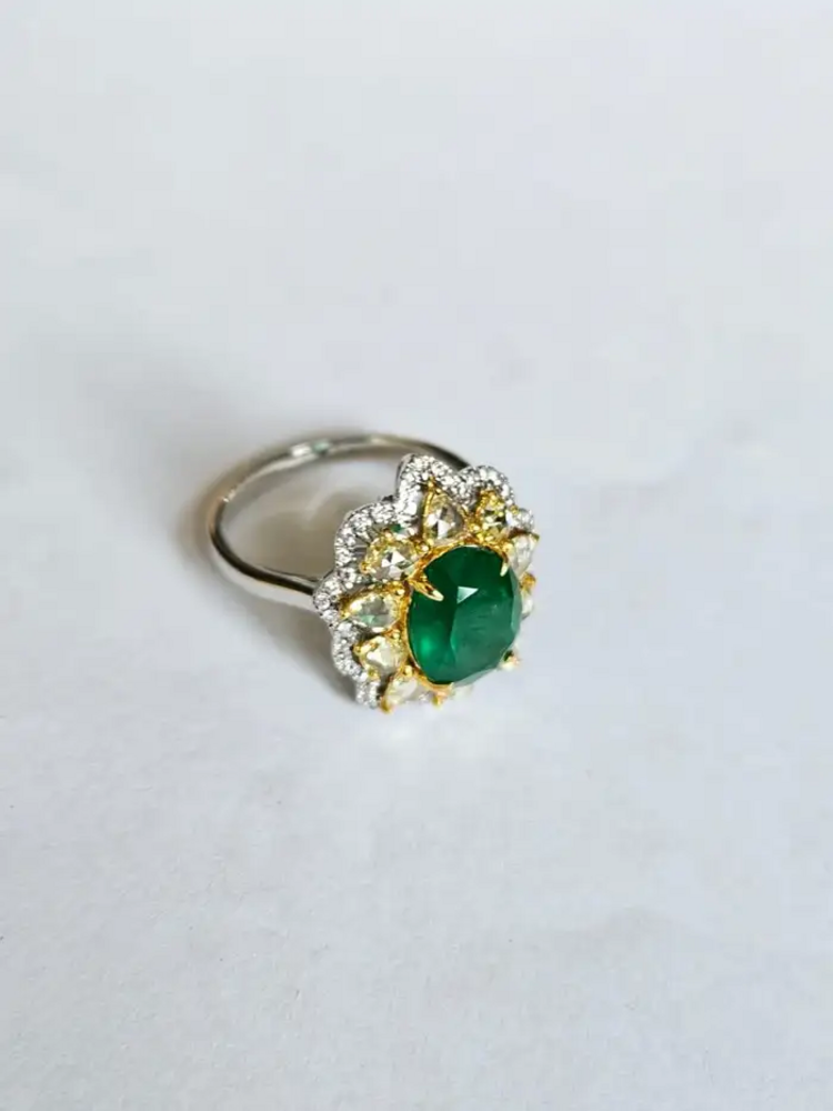 Natural Zambian Emerald Cocktail Ring - Solid 18k White Gold Yellow Diamond Wedding Ring