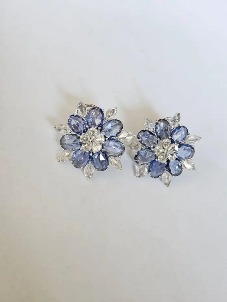 18k White Gold Rose Cut Diamond Stud Earrings - Natural Blue Sapphire Gemstone Earrings