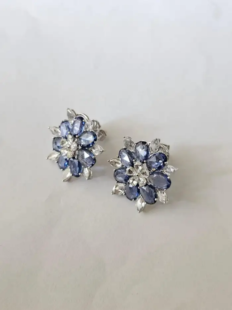 18k White Gold Rose Cut Diamond Stud Earrings - Natural Blue Sapphire Gemstone Earrings