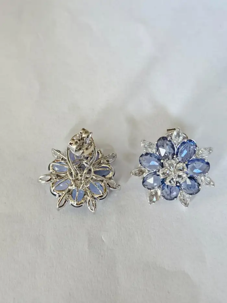 18k White Gold Rose Cut Diamond Stud Earrings - Natural Blue Sapphire Gemstone Earrings