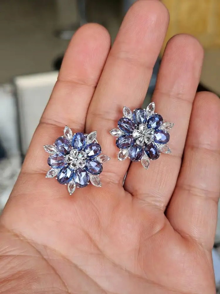 18k White Gold Rose Cut Diamond Stud Earrings - Natural Blue Sapphire Gemstone Earrings