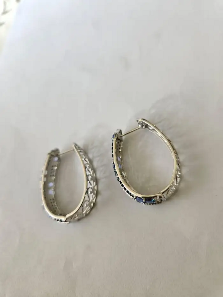 18k White Gold Diamond Hoop Earrings - Natural 5.69 Ct. Blue Sapphire Earrings