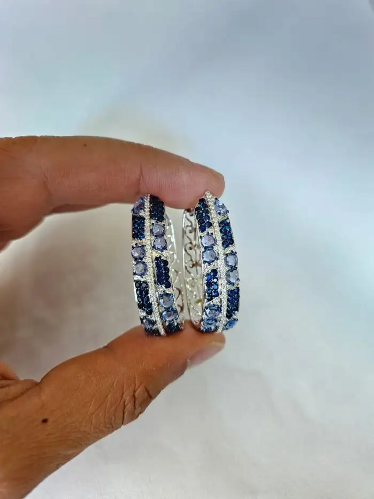 18k White Gold Diamond Hoop Earrings - Natural 5.69 Ct. Blue Sapphire Earrings