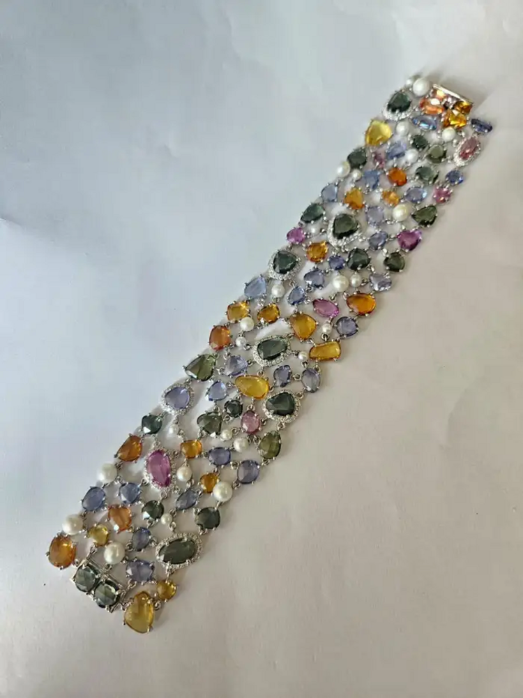 Natural Multi Sapphire & Pearls Link Bracelet - 18k White Gold Diamond Bracelet