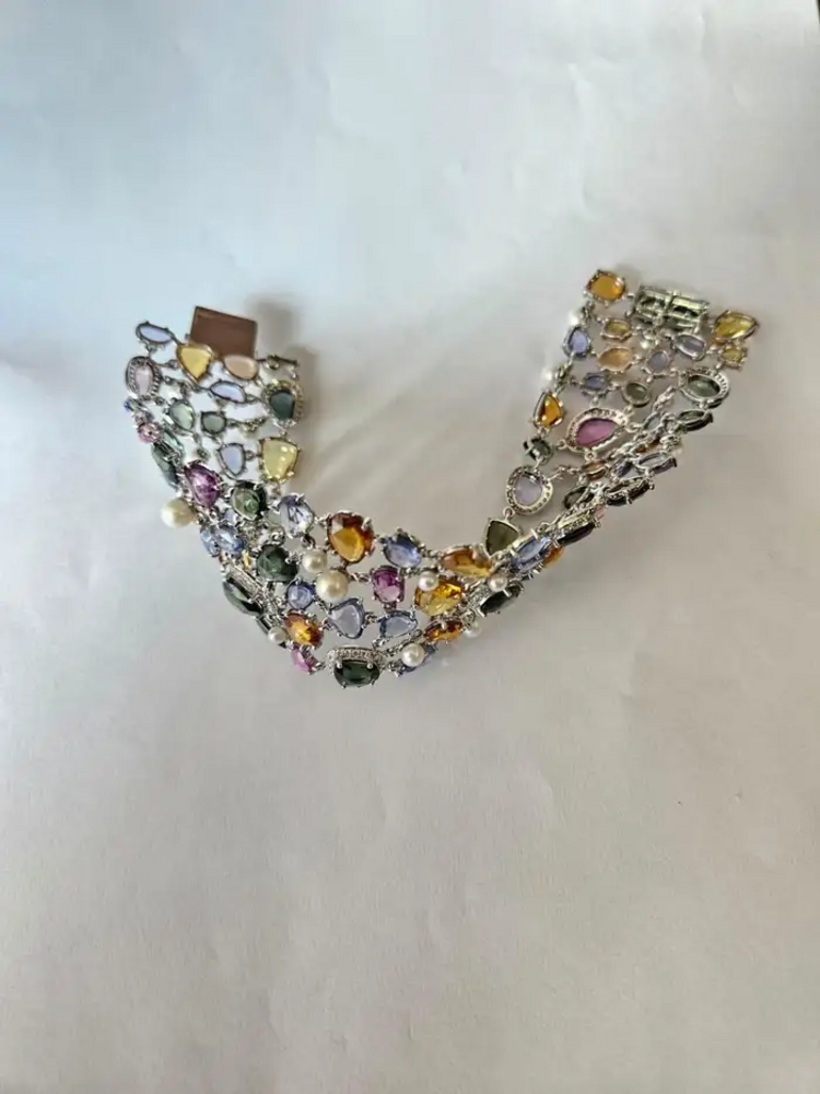 Natural Multi Sapphire & Pearls Link Bracelet - 18k White Gold Diamond Bracelet