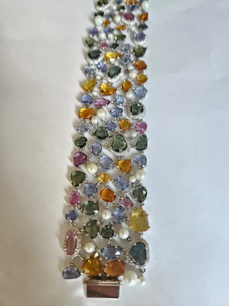 Natural Multi Sapphire & Pearls Link Bracelet - 18k White Gold Diamond Bracelet