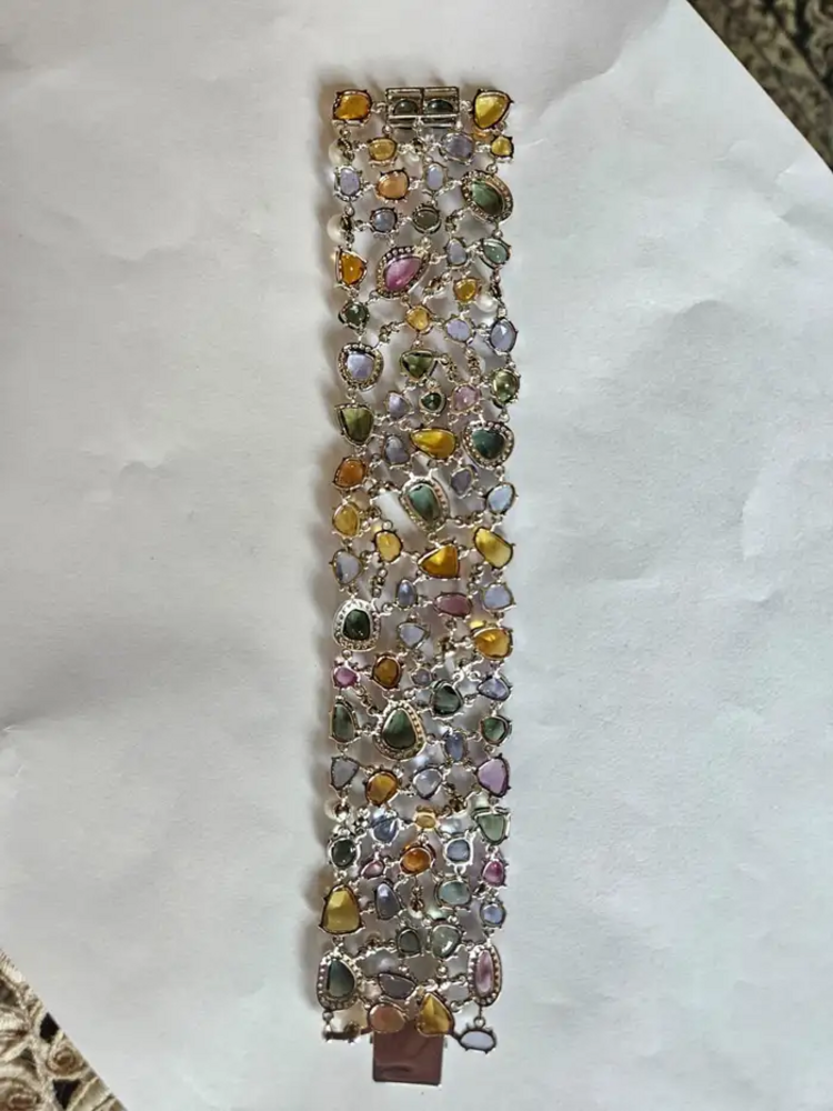 Natural Multi Sapphire & Pearls Link Bracelet - 18k White Gold Diamond Bracelet
