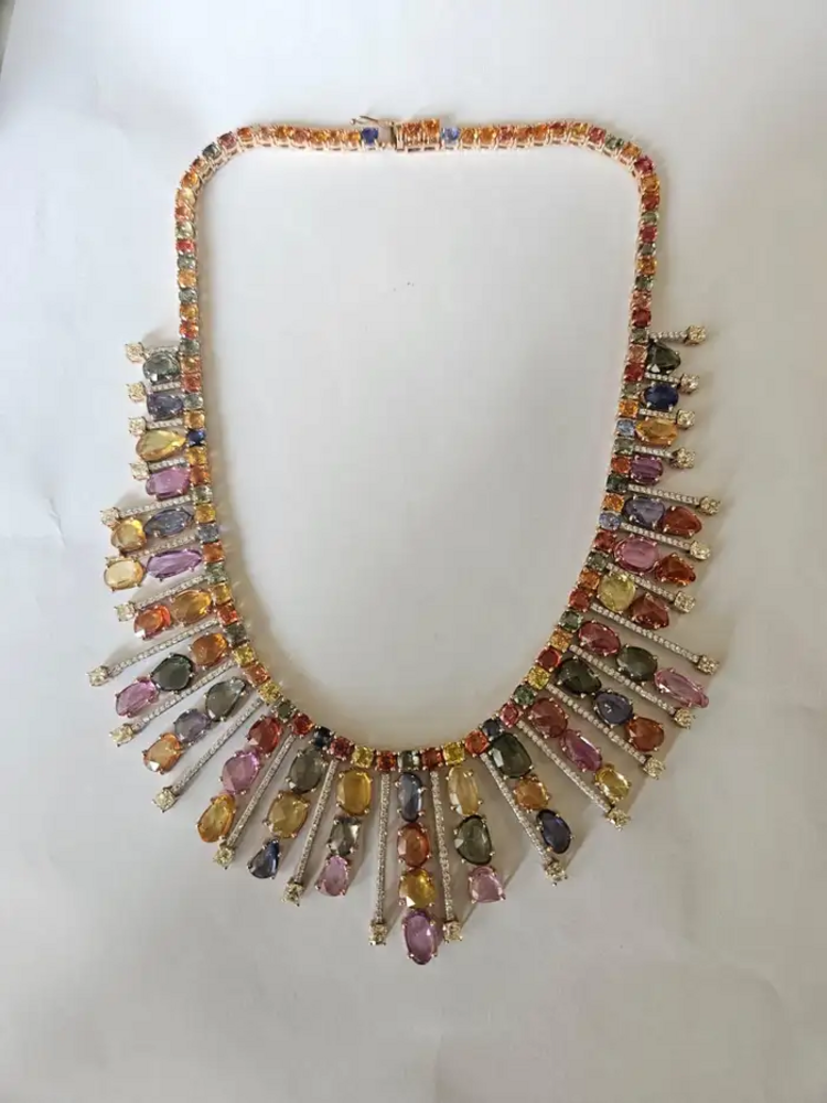 18k Rose Gold Necklace Earrings Set - Natural Multi Sapphire & Diamond Wedding Jewelry