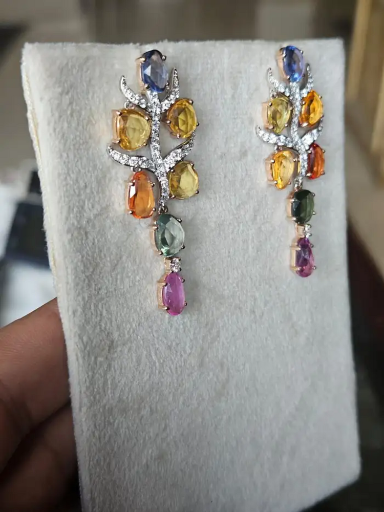 18k Rose Gold Necklace Earrings Set - Natural Multi Sapphire & Diamond Wedding Jewelry