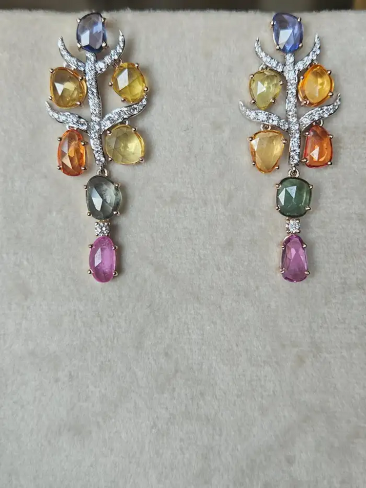 18k Rose Gold Necklace Earrings Set - Natural Multi Sapphire & Diamond Wedding Jewelry