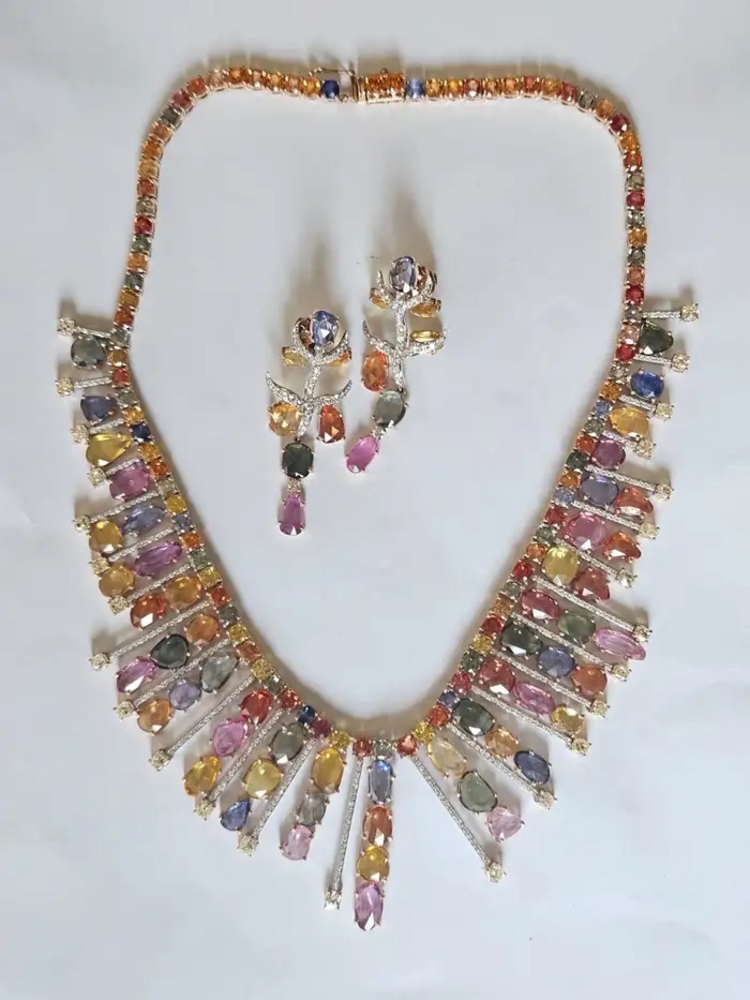 18k Rose Gold Necklace Earrings Set - Natural Multi Sapphire & Diamond Wedding Jewelry