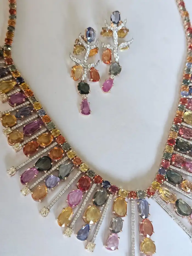 18k Rose Gold Necklace Earrings Set - Natural Multi Sapphire & Diamond Wedding Jewelry