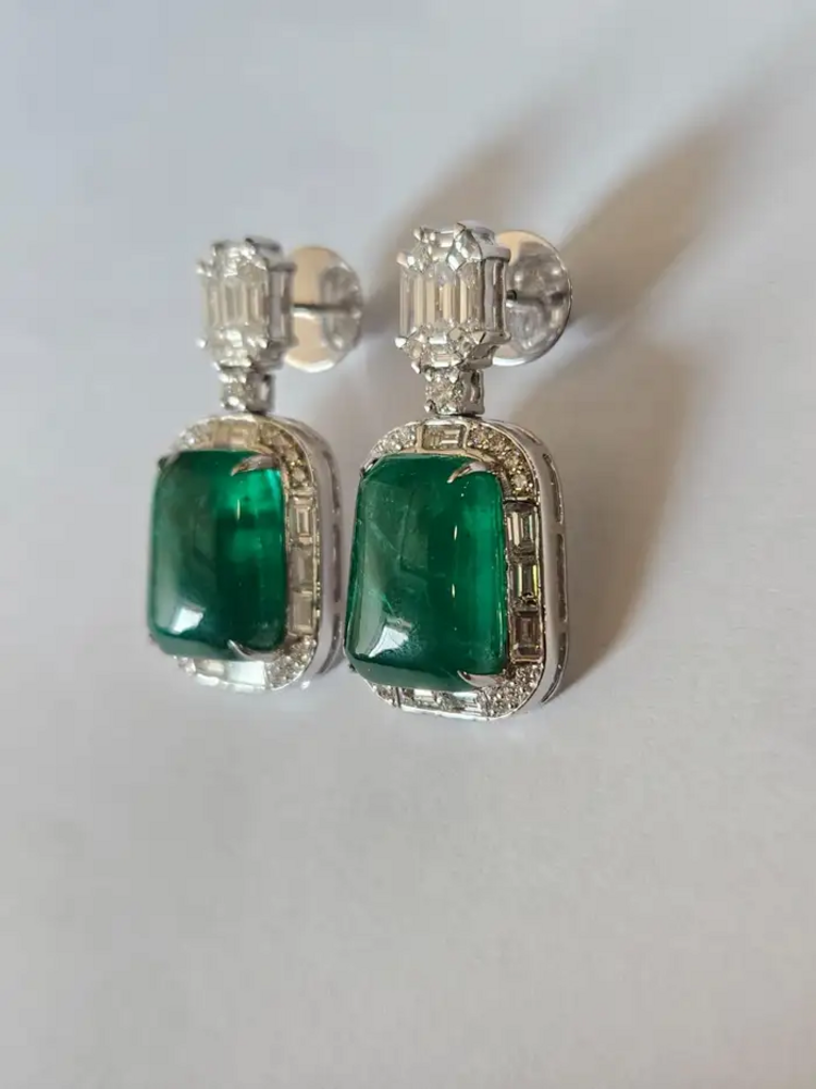 Emerald Cabochons & Diamonds Dangle Earrings - 18k White Gold Handmade Women Earrings