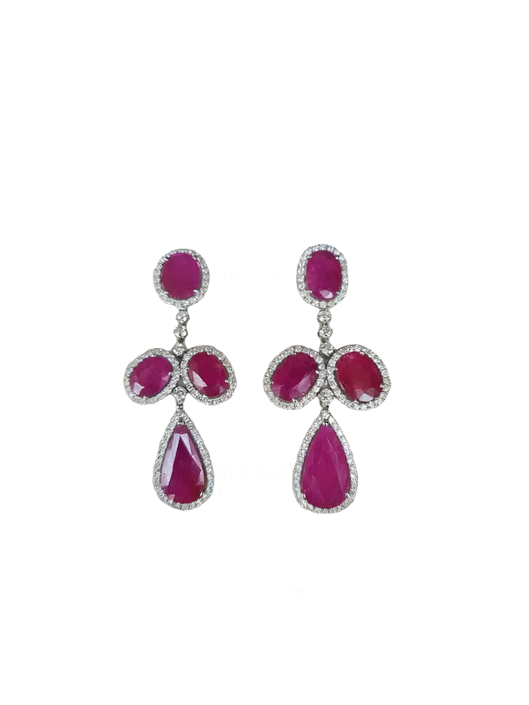 18k White Gold Diamond Dangle Earrings - Natural Mozambique Ruby Gemstone Wedding Earrings
