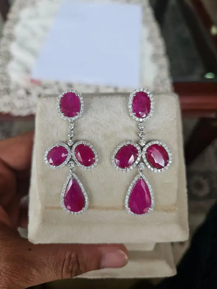 18k White Gold Diamond Dangle Earrings - Natural Mozambique Ruby Gemstone Wedding Earrings