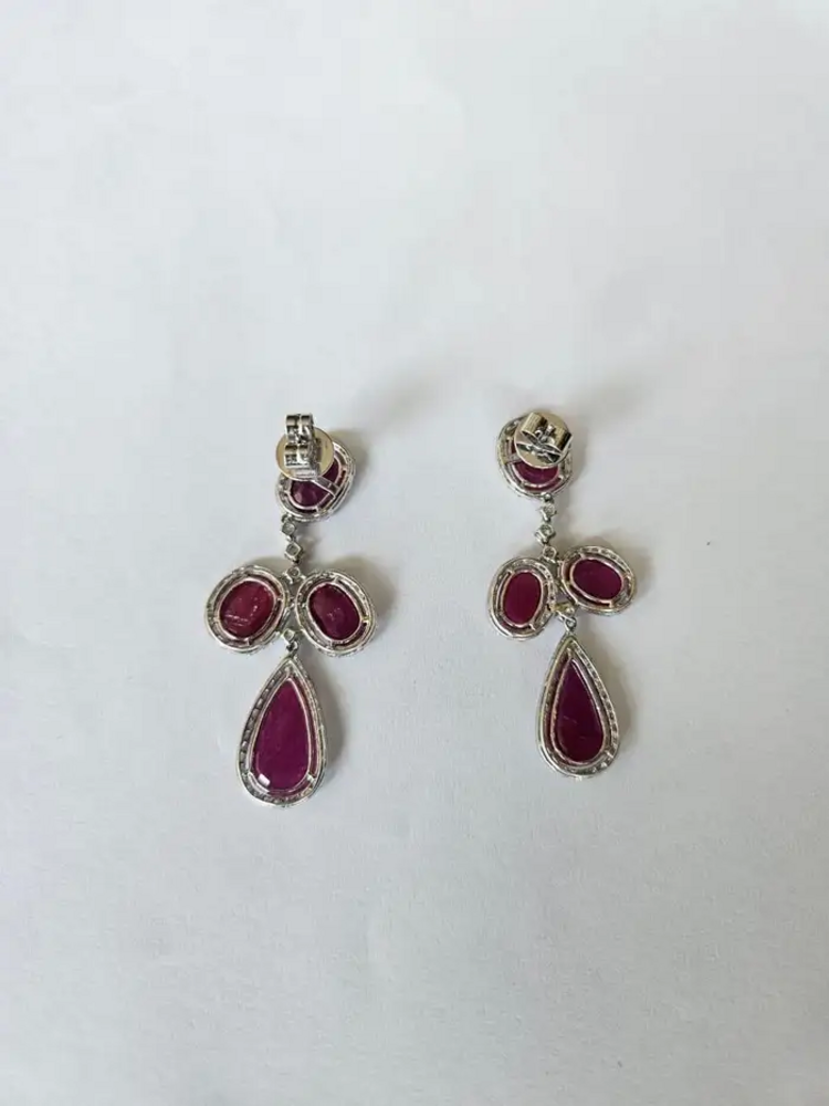 18k White Gold Diamond Dangle Earrings - Natural Mozambique Ruby Gemstone Wedding Earrings