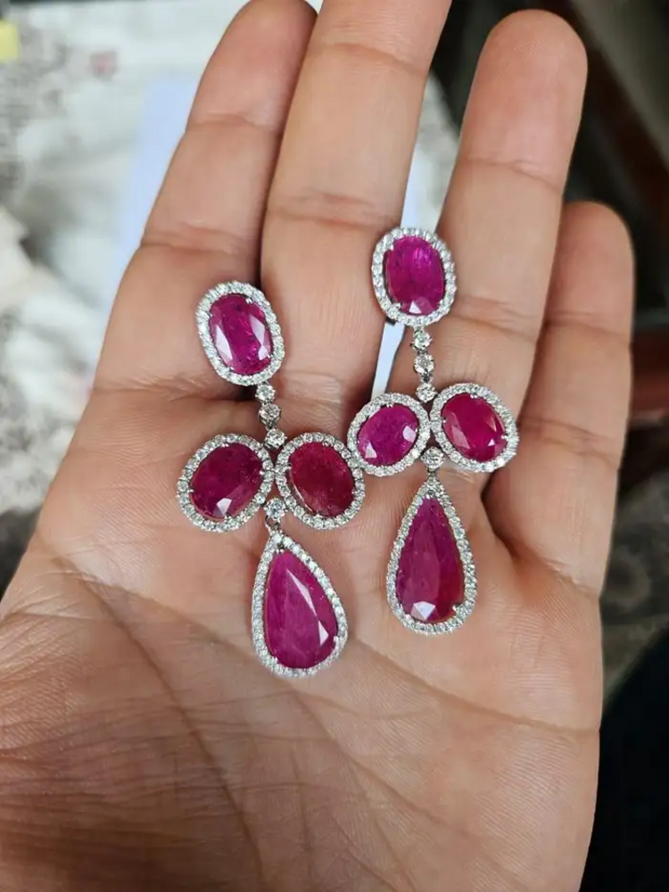 18k White Gold Diamond Dangle Earrings - Natural Mozambique Ruby Gemstone Wedding Earrings