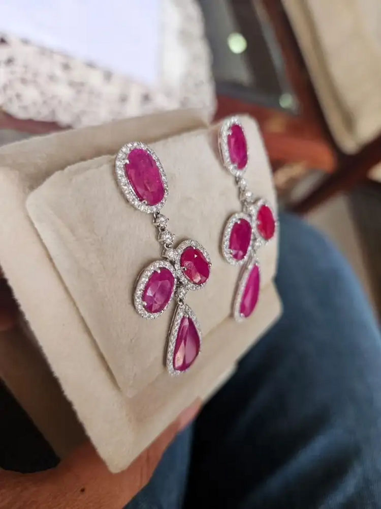 18k White Gold Diamond Dangle Earrings - Natural Mozambique Ruby Gemstone Wedding Earrings