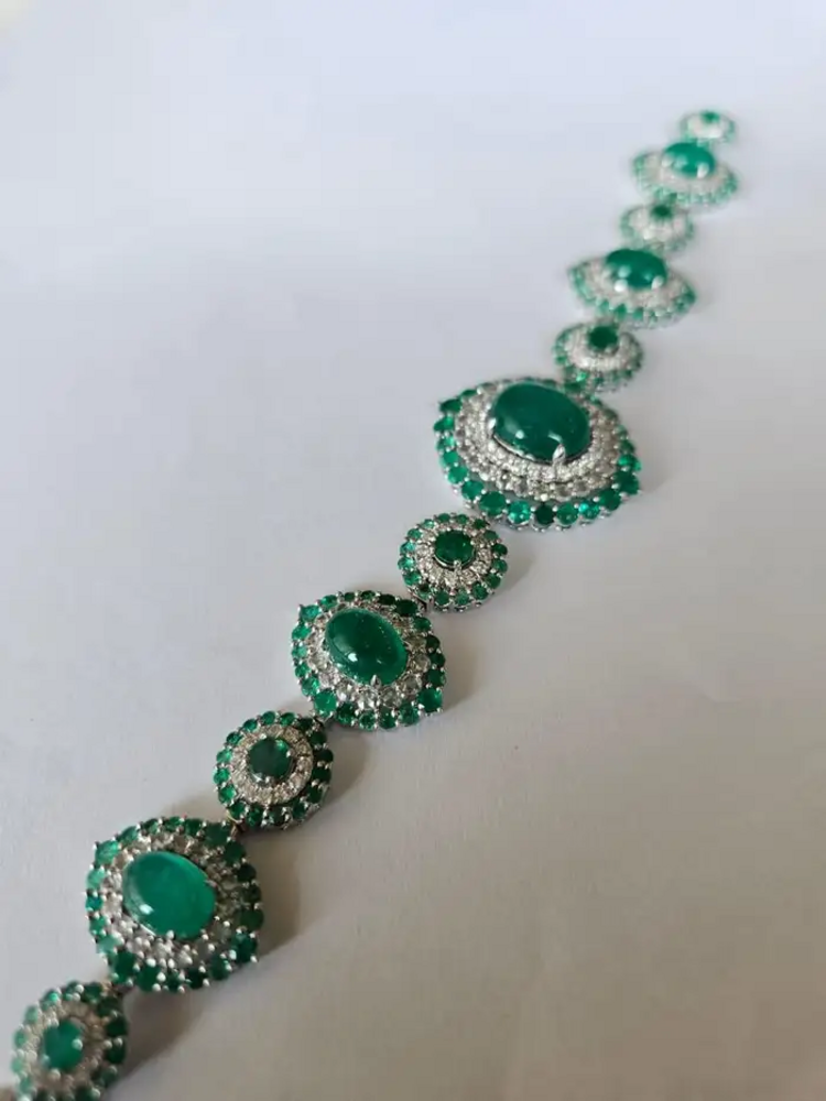 Natural Colombian Emerald Bracelet - 18k White Gold Diamond Handmade Bracelet