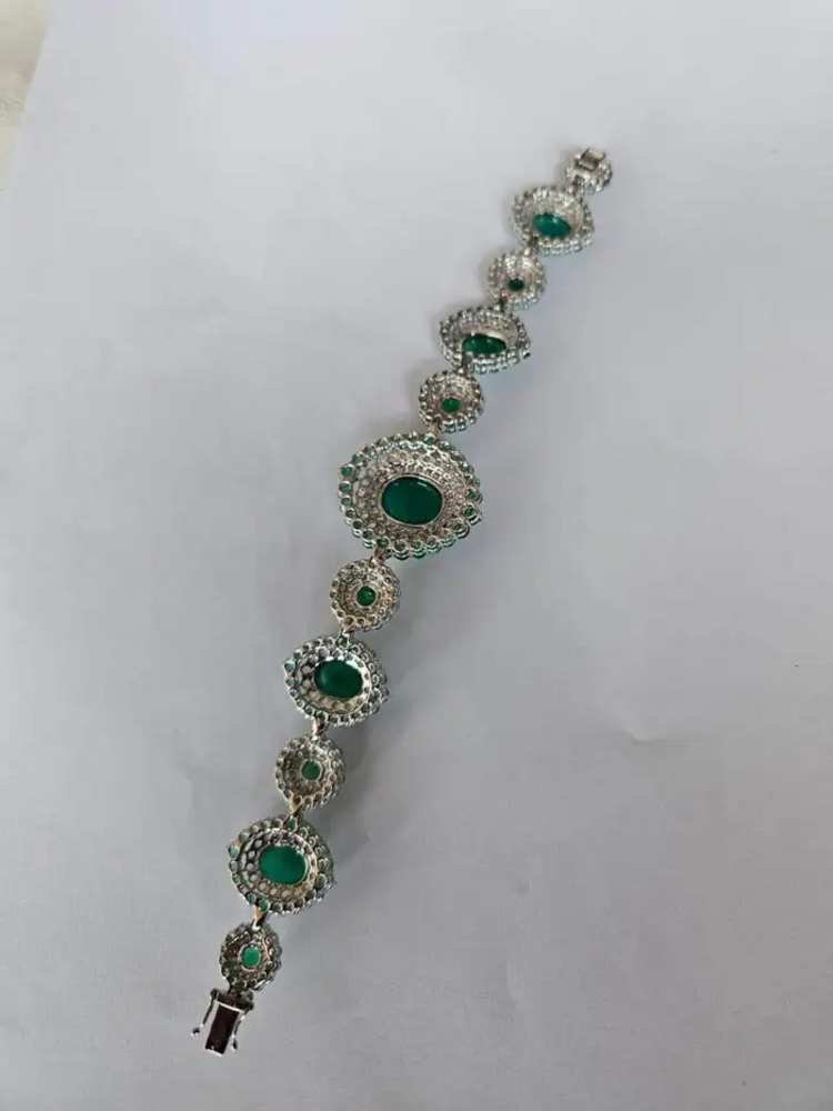 Natural Colombian Emerald Bracelet - 18k White Gold Diamond Handmade Bracelet