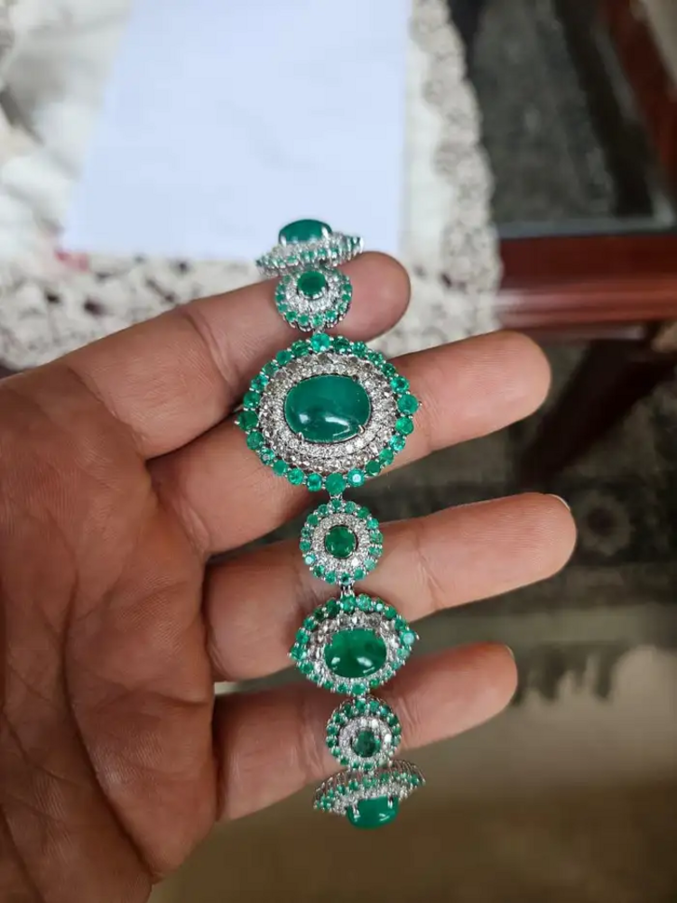 Natural Colombian Emerald Bracelet - 18k White Gold Diamond Handmade Bracelet