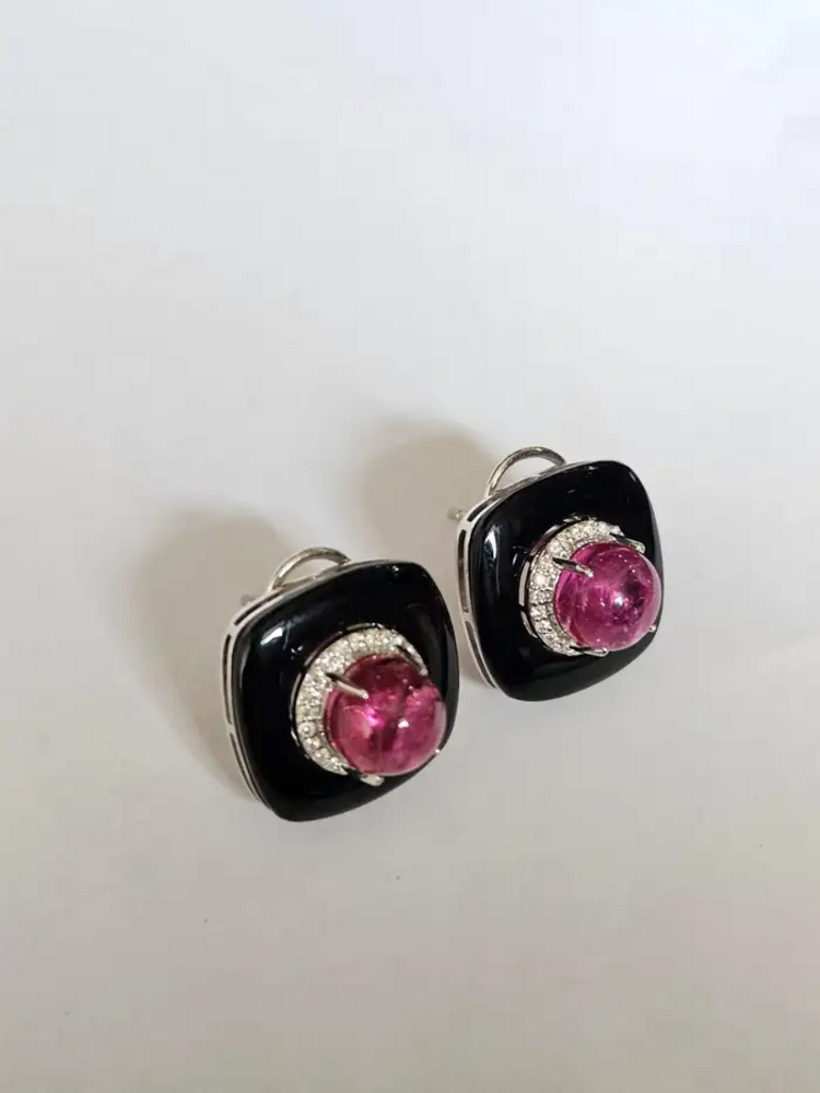 18k White Gold Diamond Stud Earrings - Natural Rubellite & Black Onyx Daily Wear Earrings
