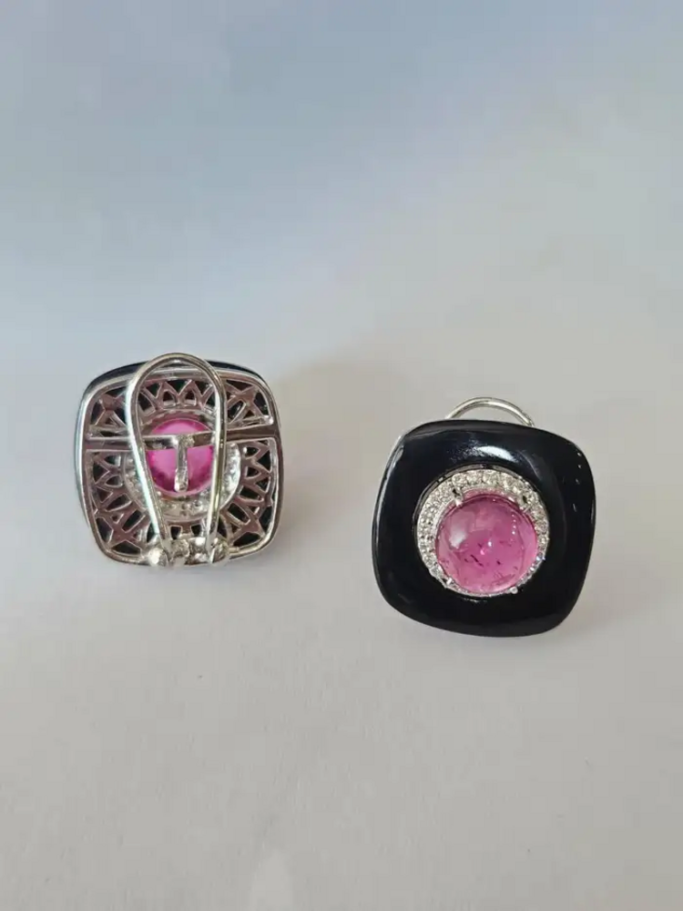18k White Gold Diamond Stud Earrings - Natural Rubellite & Black Onyx Daily Wear Earrings