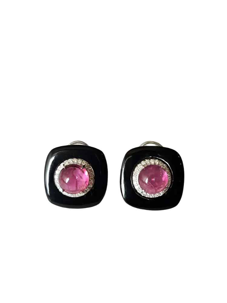 18k White Gold Diamond Stud Earrings - Natural Rubellite & Black Onyx Daily Wear Earrings