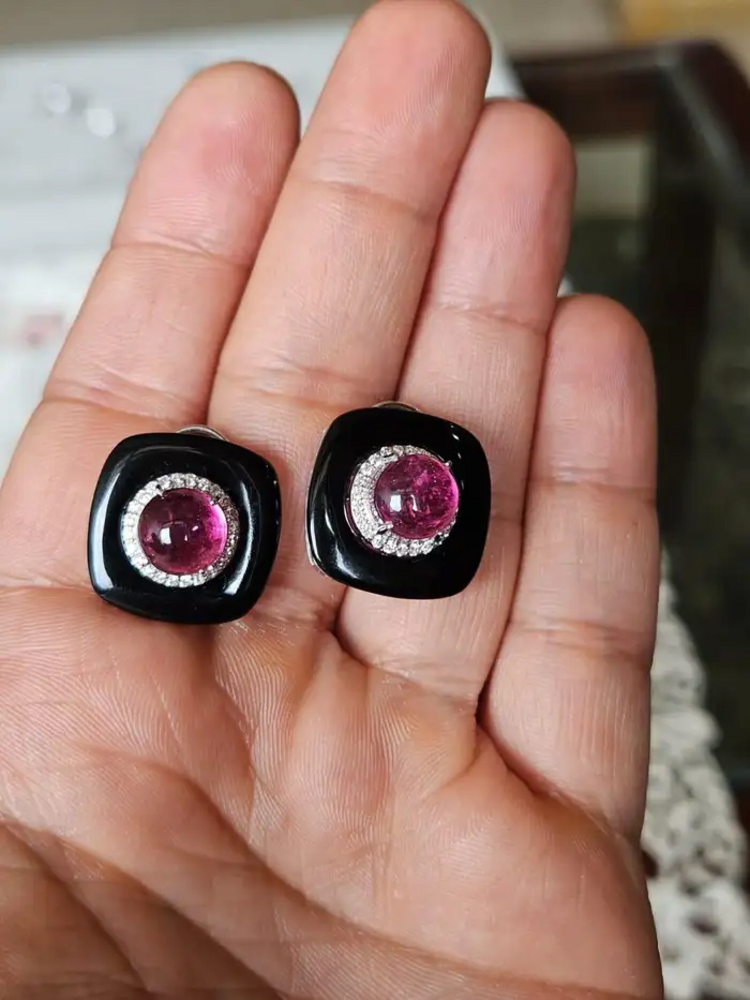18k White Gold Diamond Stud Earrings - Natural Rubellite & Black Onyx Daily Wear Earrings